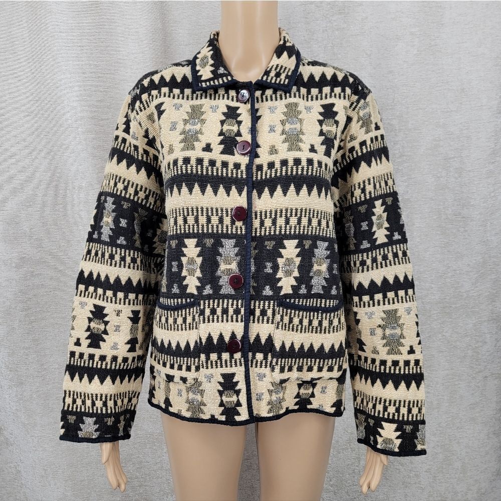 Vintage Aztec Western Tapestry Black and Cream Women's Jacket By Jane Ashley